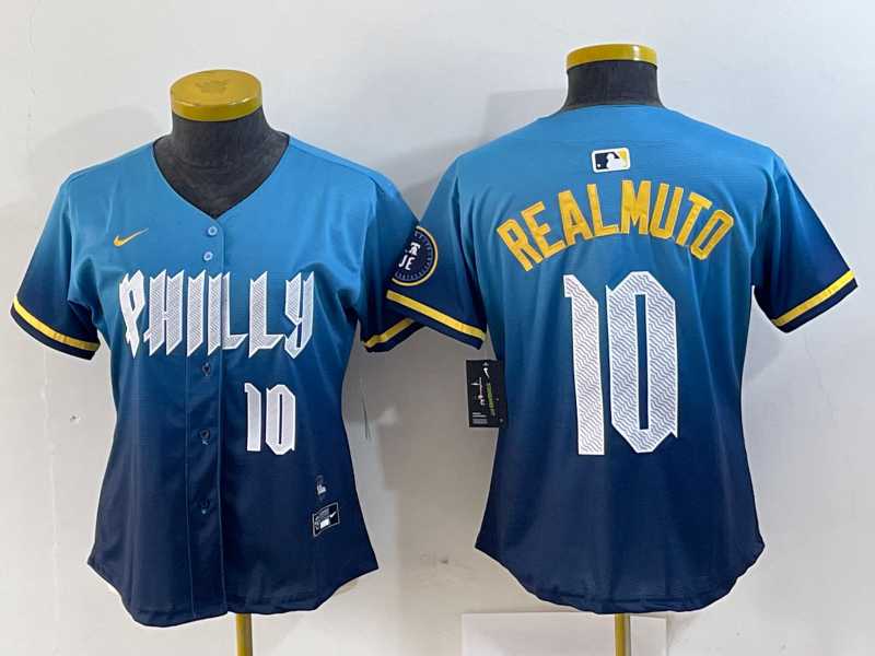 Womens Philadelphia Phillies #10 JT Realmuto Number Blue 2024 City Connect Limited Stitched Jerseys